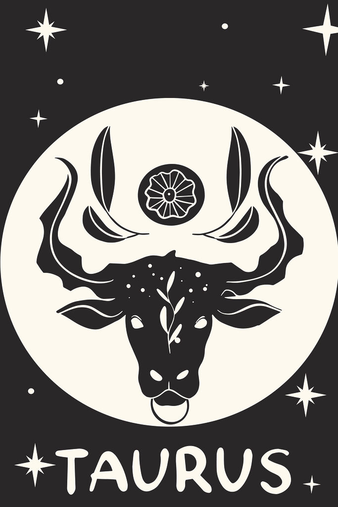 A black and white image of a bull's head