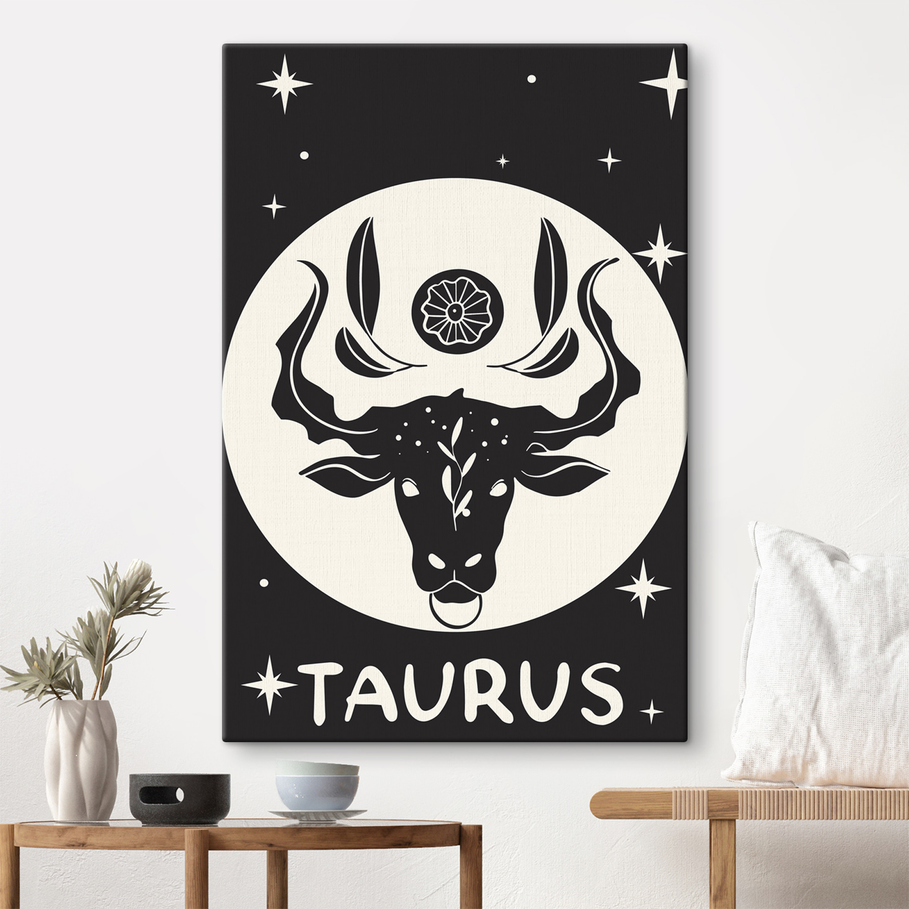 A black and white image of a bull's head