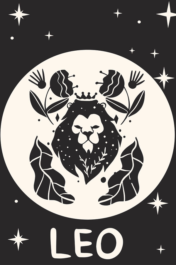 A black and white image of a lion with leaves and flowers