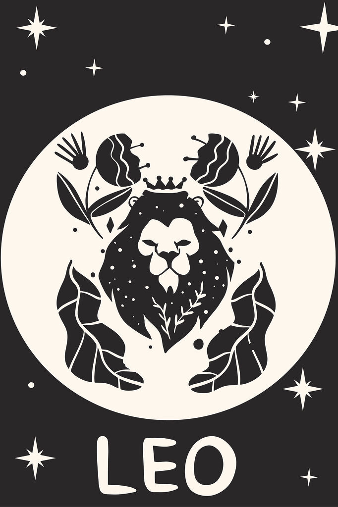 A black and white image of a lion with leaves and flowers
