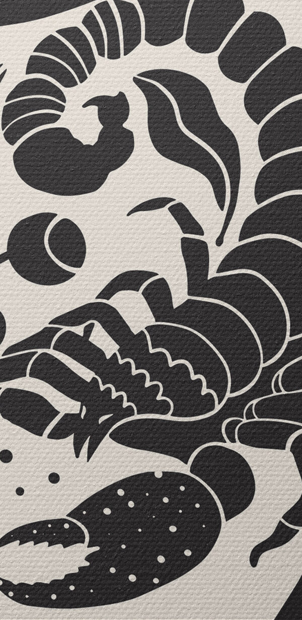 A black and white drawing of a scorpion