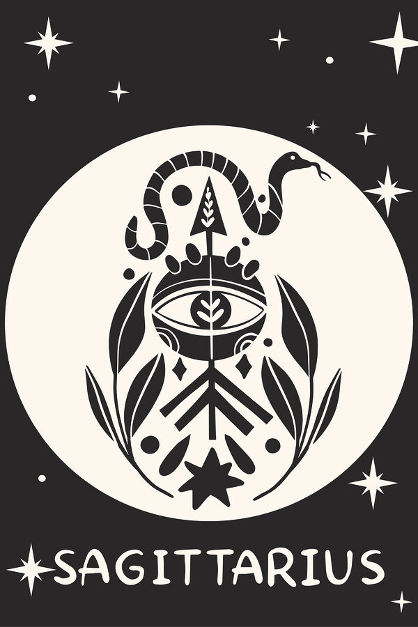 A black and white drawing of a snake and eye