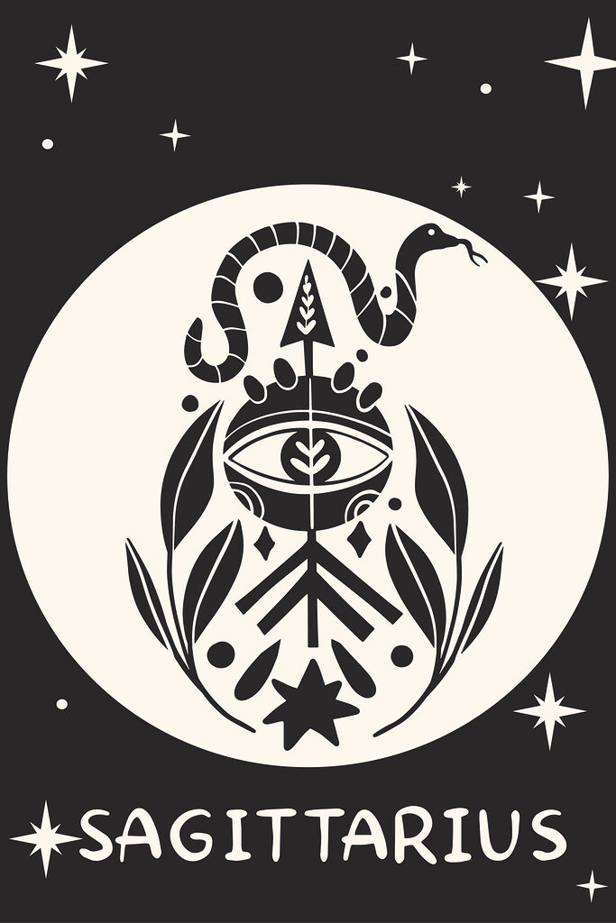 A black and white drawing of a snake and eye