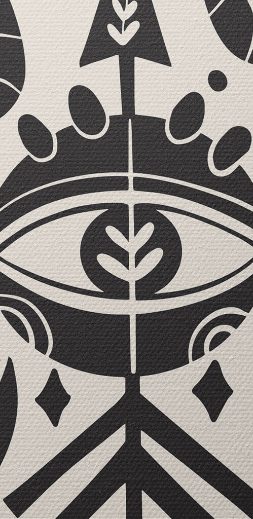A black and white drawing of a snake and eye