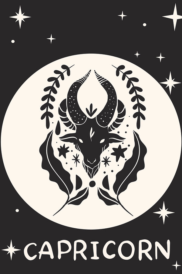 A black and white drawing of a goat with horns and leaves A black and white drawing of a goat with horns and leaves