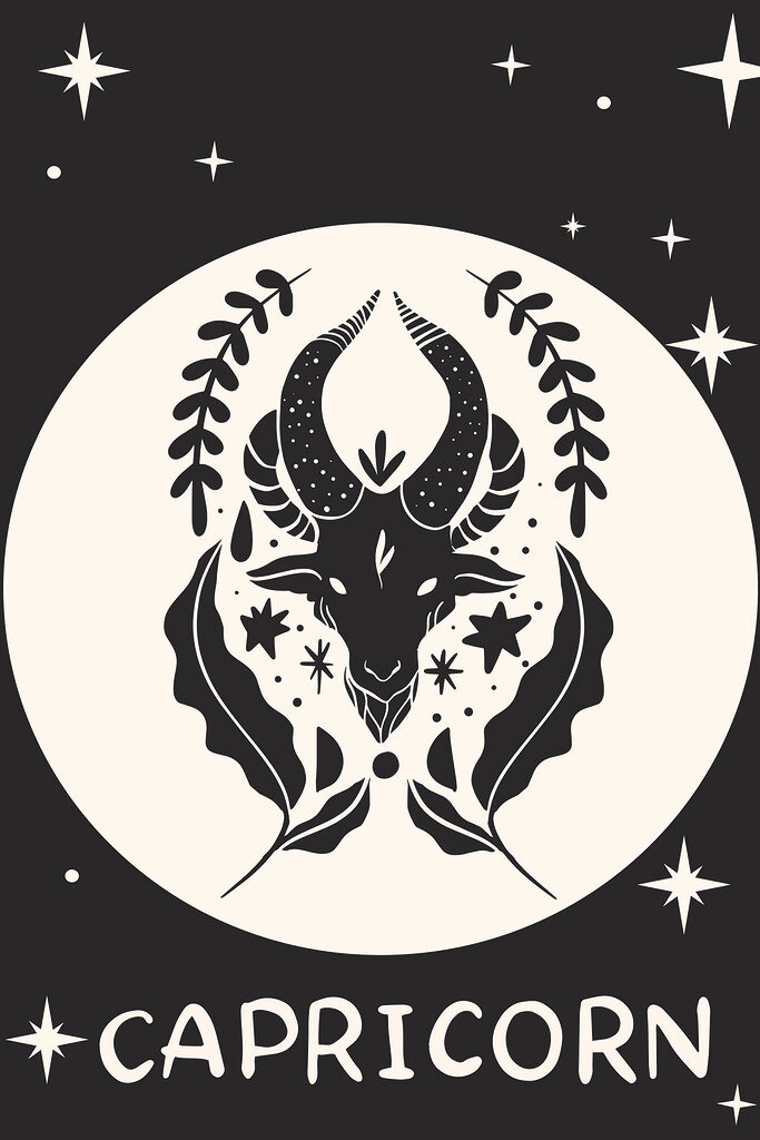 A black and white drawing of a goat with horns and leaves A black and white drawing of a goat with horns and leaves