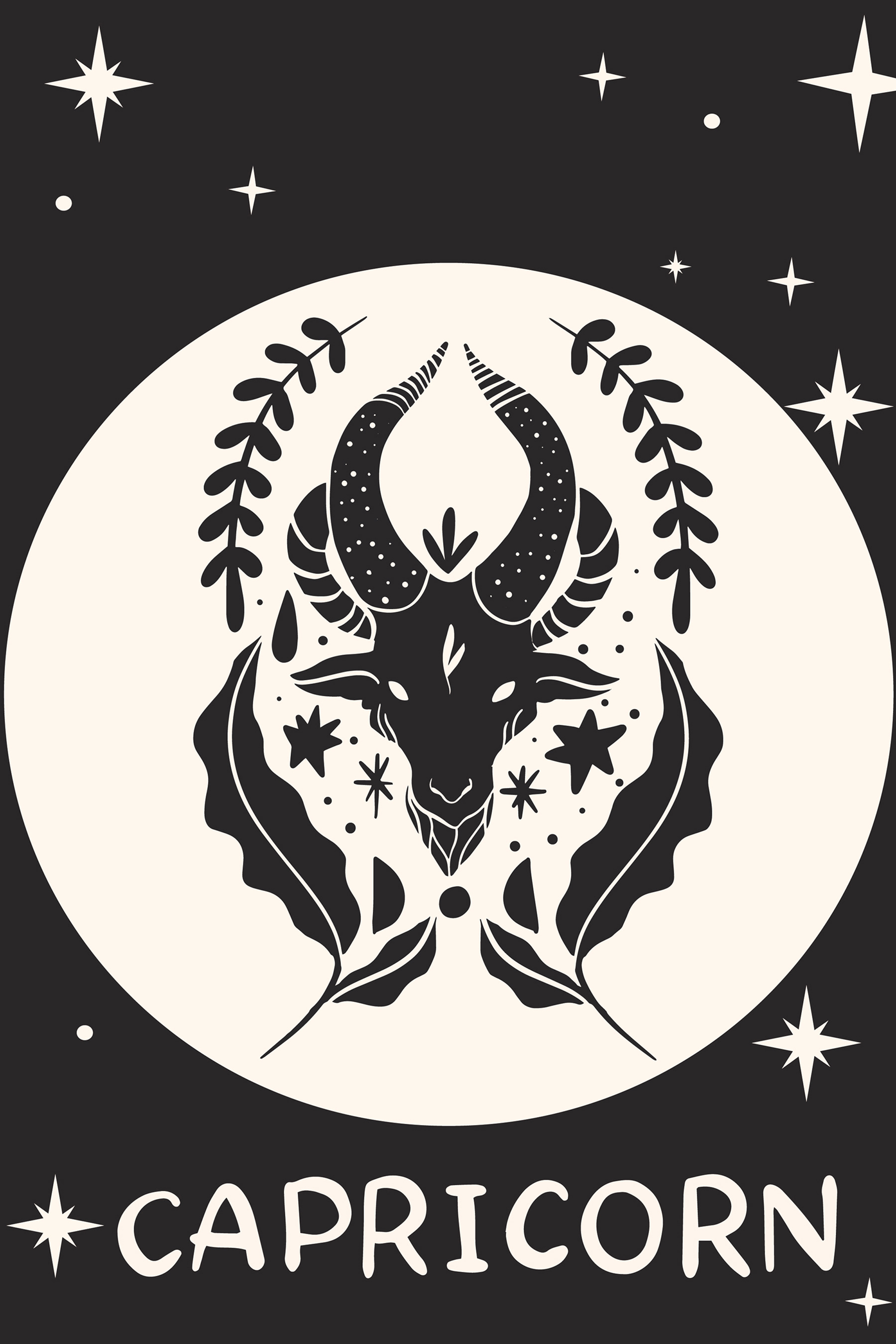 A black and white drawing of a goat with horns and leaves A black and white drawing of a goat with horns and leaves