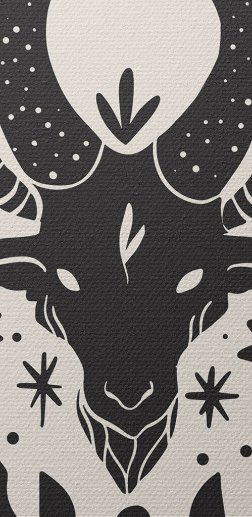 A black and white drawing of a goat with horns and leaves A black and white drawing of a goat with horns and leaves