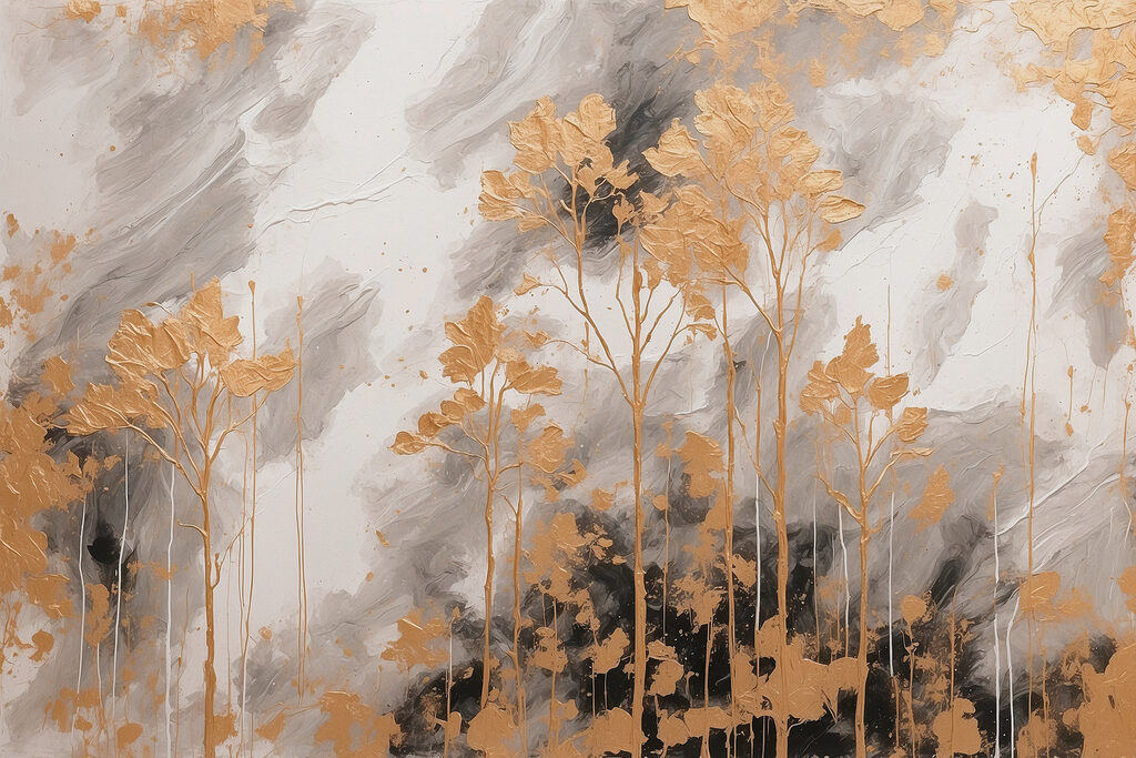Abstract trees against stormy skies
