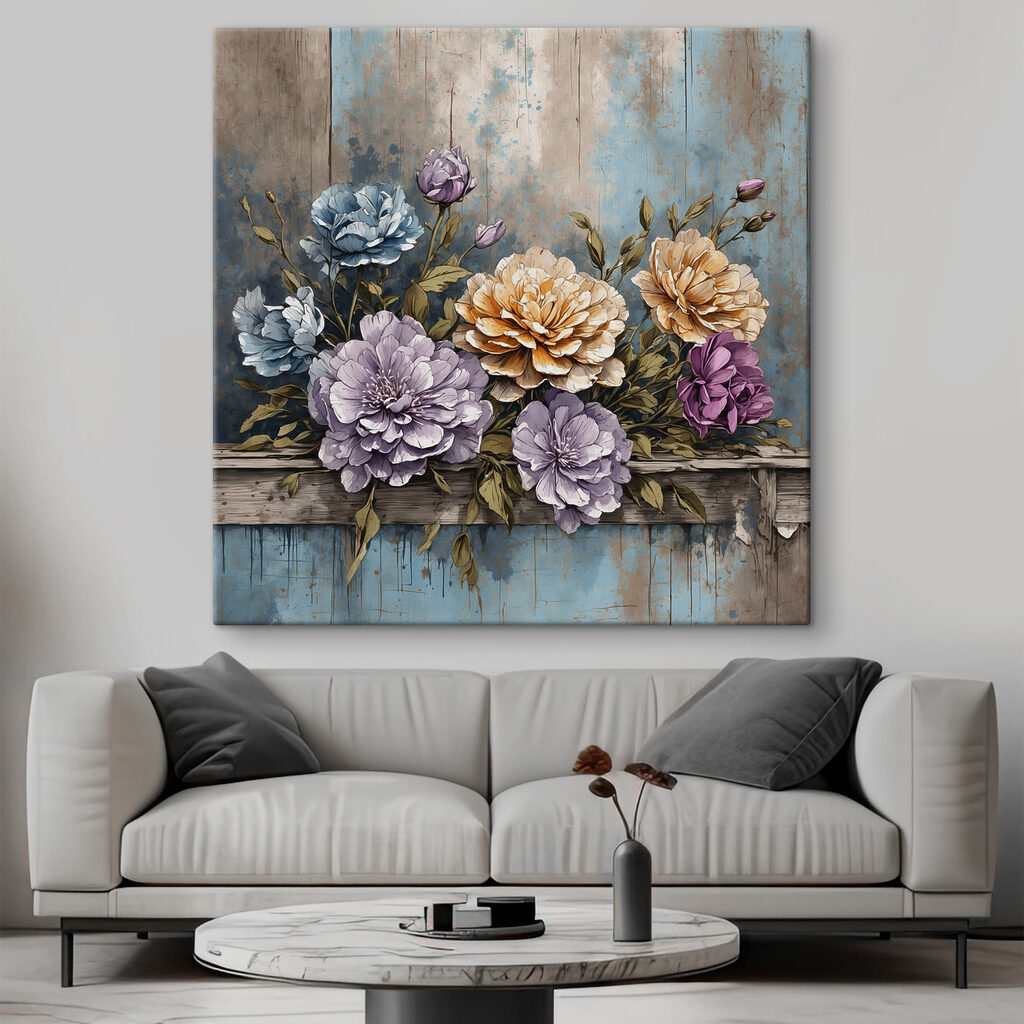 A painting of flowers on a wood ledge A painting of flowers on a wood ledge