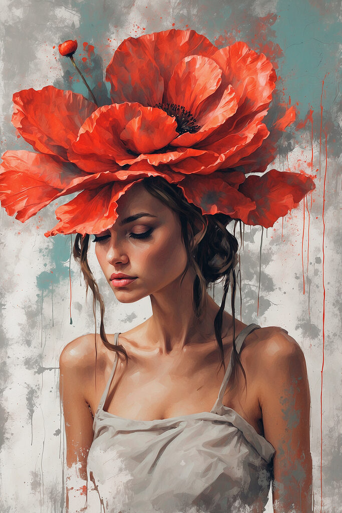 A woman with red flowers on her head A woman with red flowers on her head