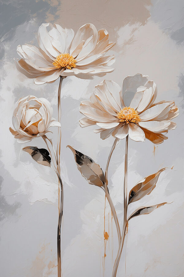 A group of white flowers with leaves