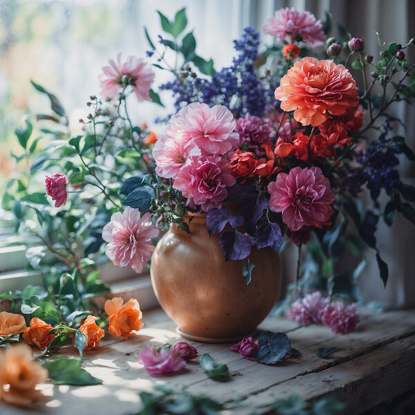 A vase of flowers on a window sill A vase of flowers on a window sill