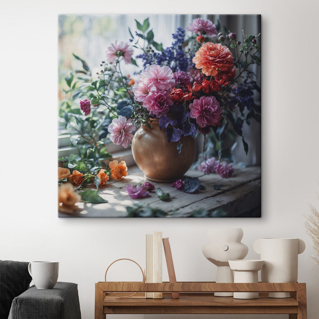 A vase of flowers on a window sill A vase of flowers on a window sill