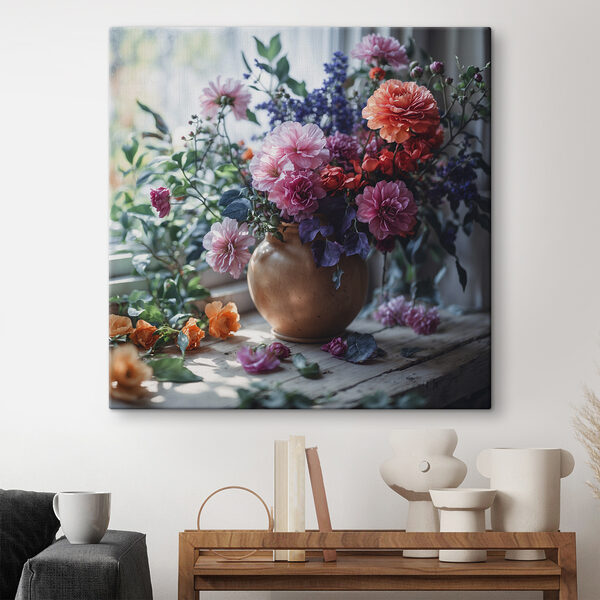 A vase of flowers on a window sill A vase of flowers on a window sill