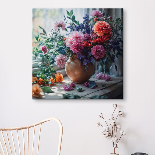 A vase of flowers on a window sill A vase of flowers on a window sill