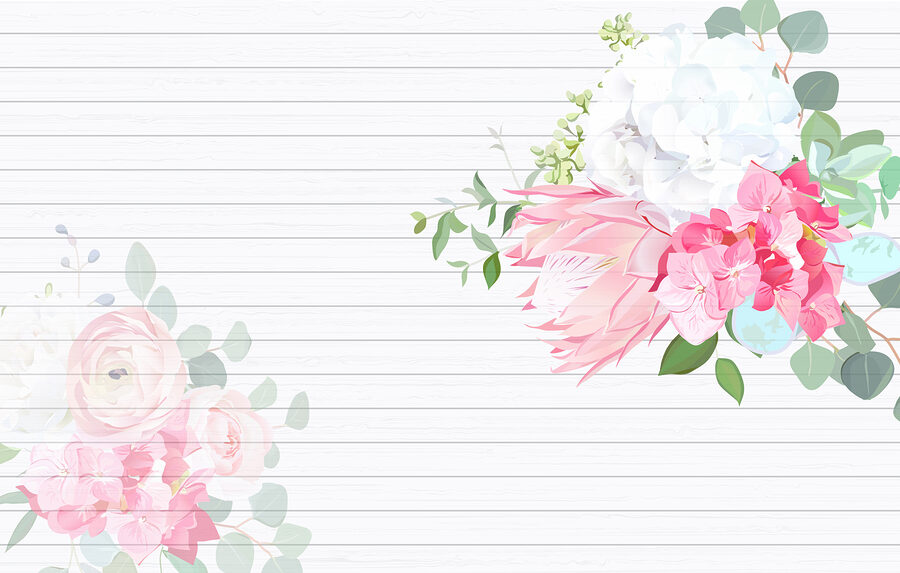 Flores blancas y rosas sobre fondo blanco