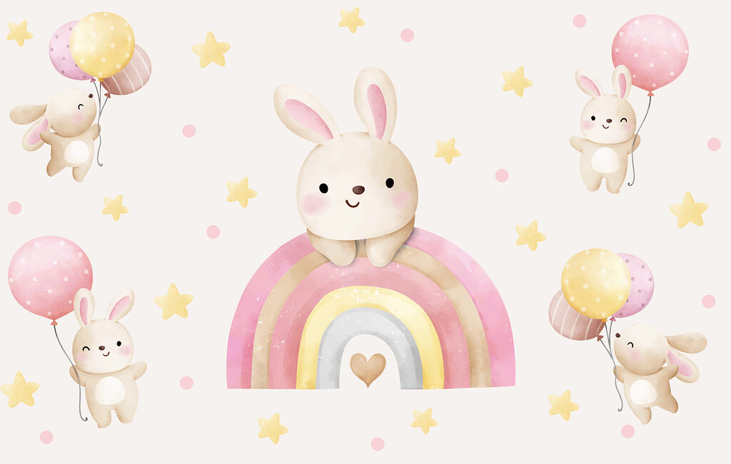 A cartoon bunny on a rainbow