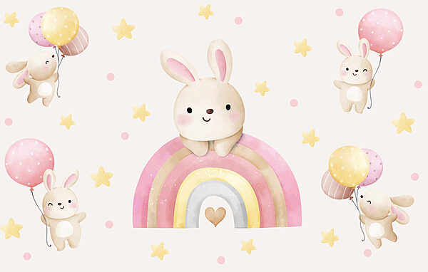 A cartoon bunny on a rainbow