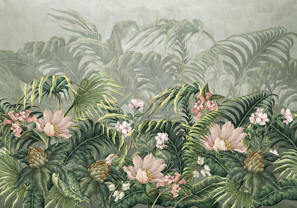 Un papel pintado con flores y hojas Un papel pintado con flores y hojas