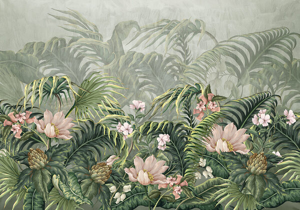 Un papel pintado con flores y hojas Un papel pintado con flores y hojas
