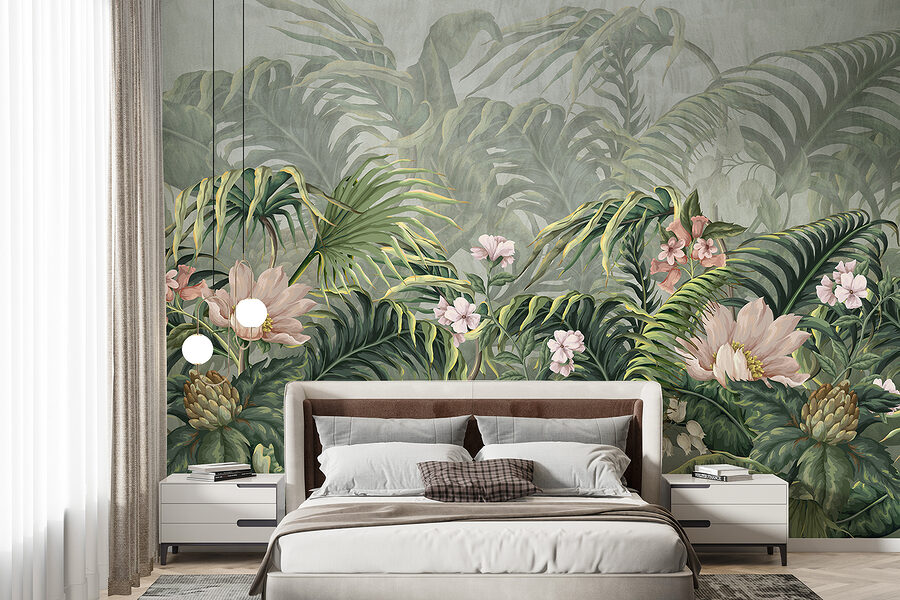 Un papel pintado con flores y hojas
