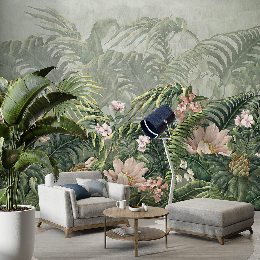 Un papel pintado con flores y hojas