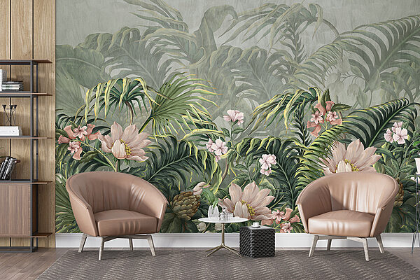 Un papel pintado con flores y hojas Un papel pintado con flores y hojas
