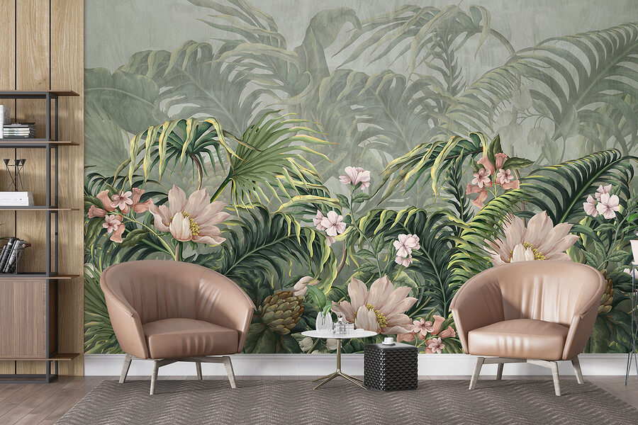 Un papel pintado con flores y hojas