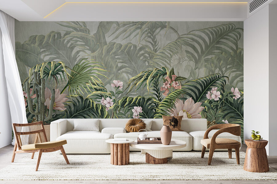 Un papel pintado con flores y hojas