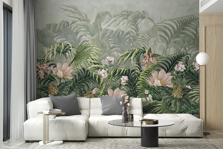 Un papel pintado con flores y hojas