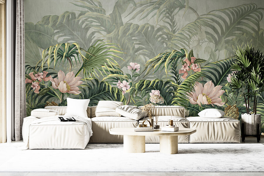 Un papel pintado con flores y hojas