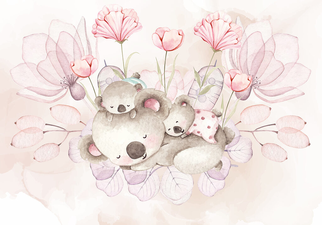 Ilustración en acuarela de una pareja de koalas y flores Ilustración en acuarela de una pareja de koalas y flores