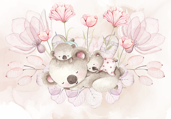 Ilustración en acuarela de una pareja de koalas y flores Ilustración en acuarela de una pareja de koalas y flores