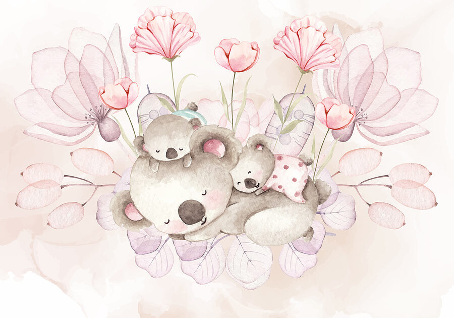 Ilustración en acuarela de una pareja de koalas y flores Ilustración en acuarela de una pareja de koalas y flores