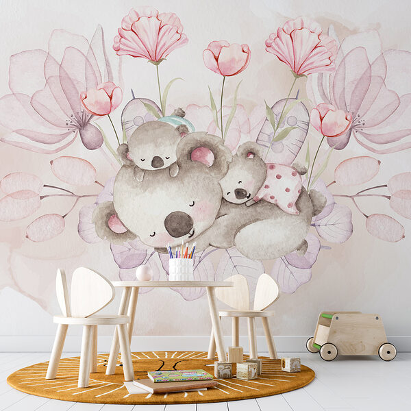 Ilustración en acuarela de una pareja de koalas y flores Ilustración en acuarela de una pareja de koalas y flores