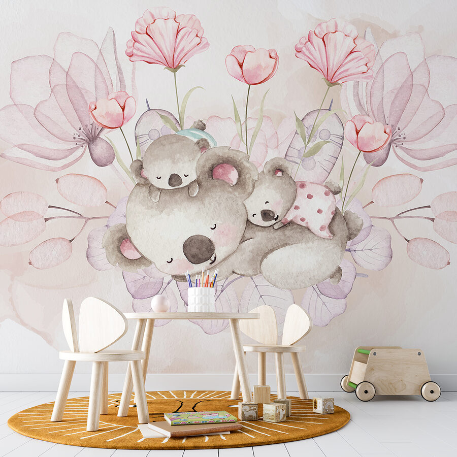 Ilustración en acuarela de una pareja de koalas y flores Ilustración en acuarela de una pareja de koalas y flores