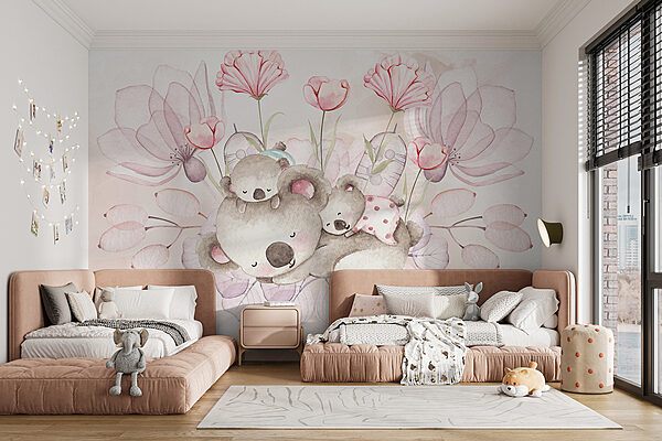 Ilustración en acuarela de una pareja de koalas y flores Ilustración en acuarela de una pareja de koalas y flores