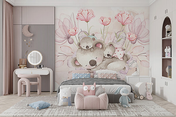 Ilustración en acuarela de una pareja de koalas y flores Ilustración en acuarela de una pareja de koalas y flores