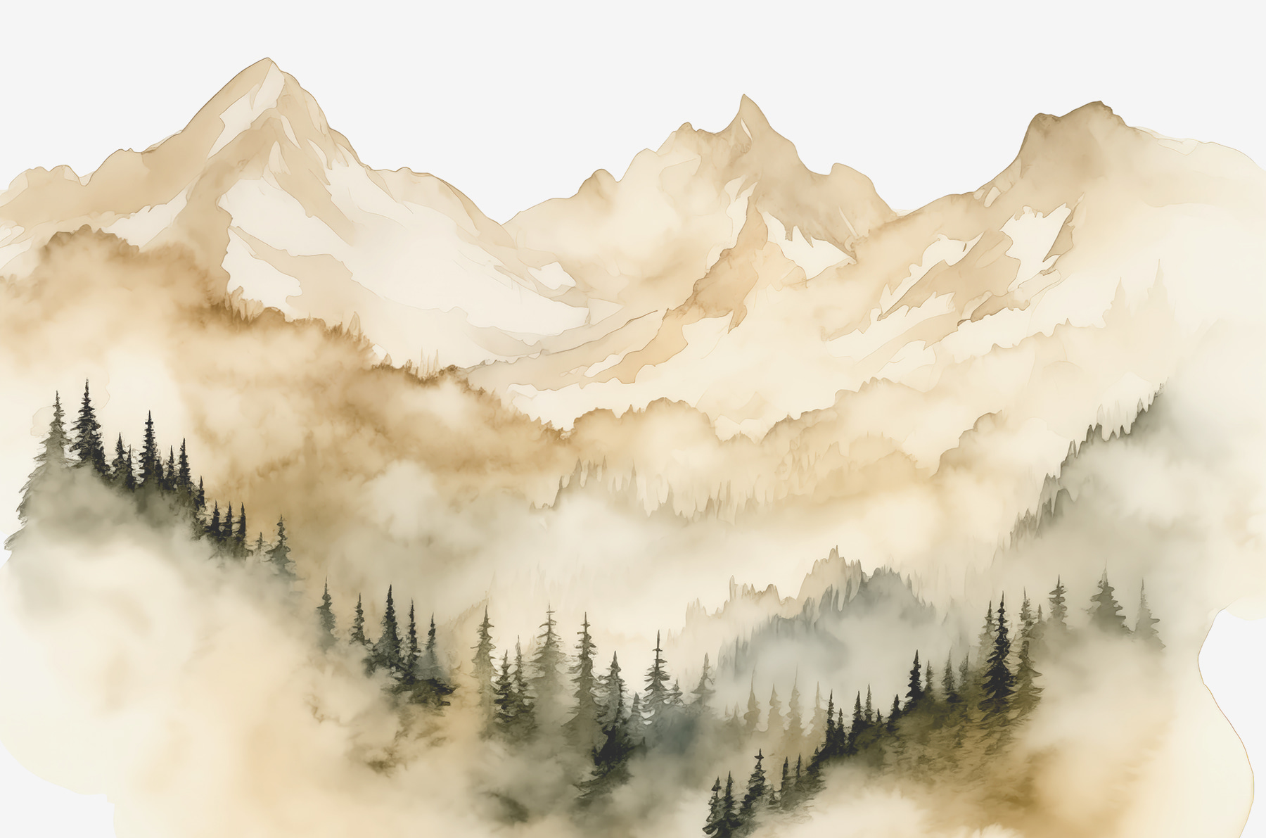 A mountain range with trees and clouds