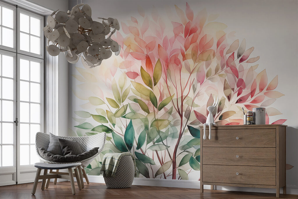 A painting of a tree with leaves