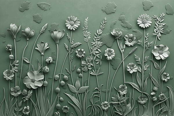Una escultura gris de flores y plantas Una escultura gris de flores y plantas