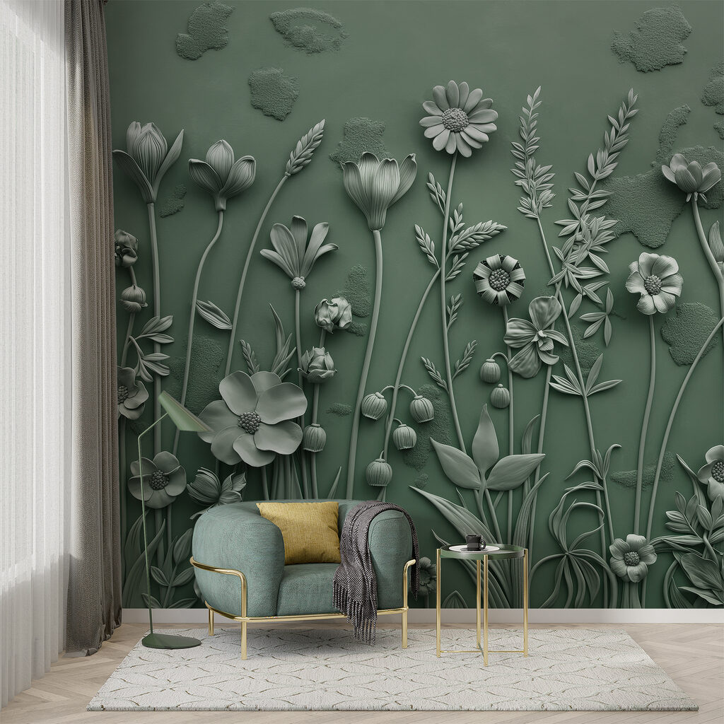 A grey sculpture of flowers and plants