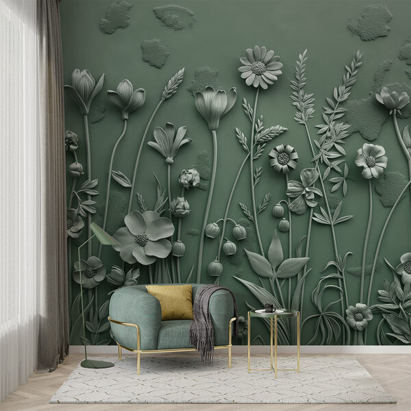 Una escultura gris de flores y plantas Una escultura gris de flores y plantas