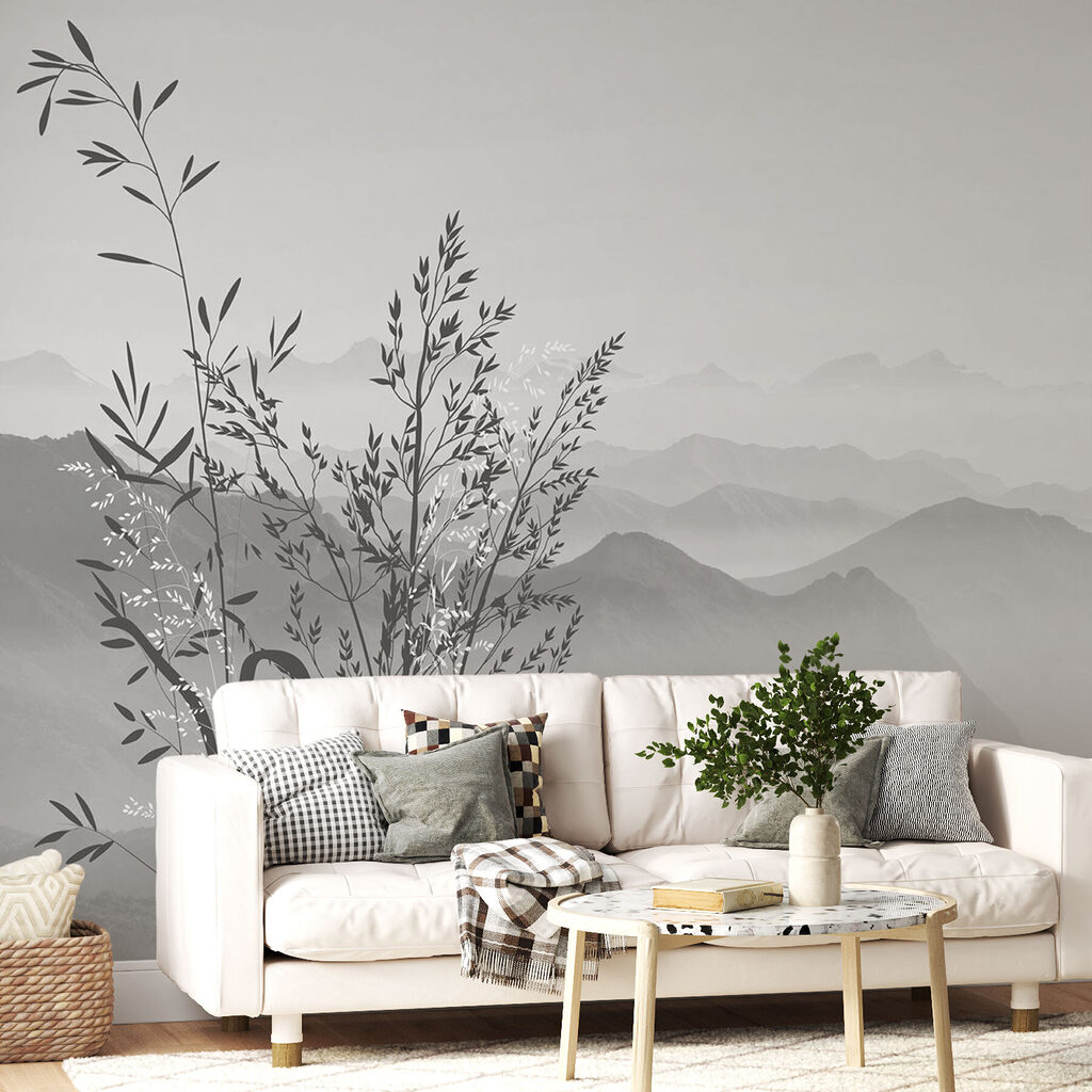 A landscape with mountains and plants