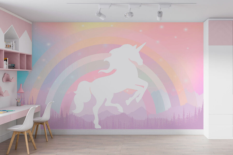 Un unicornio con un arco iris y montañas