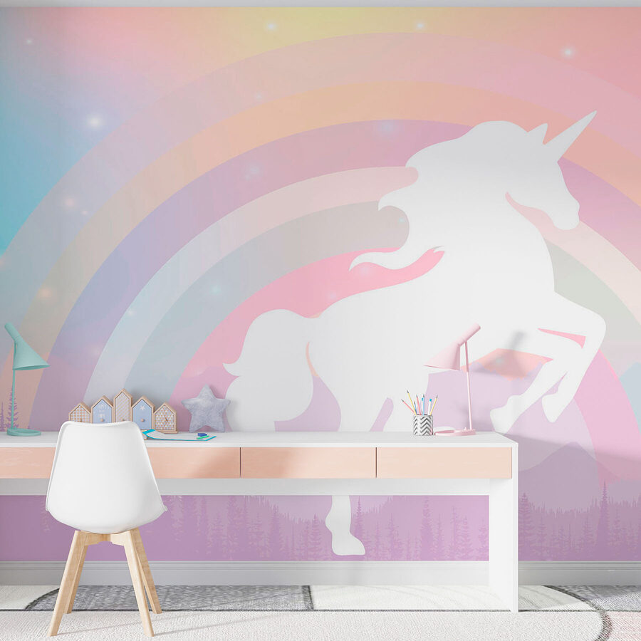 Un unicornio con un arco iris y montañas