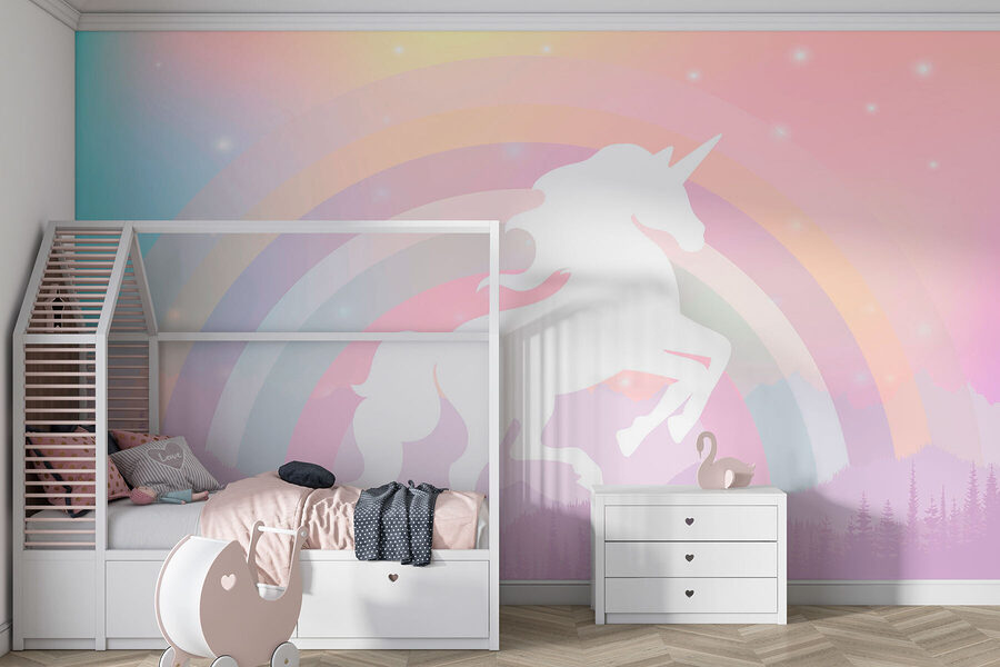 Un unicornio con un arco iris y montañas