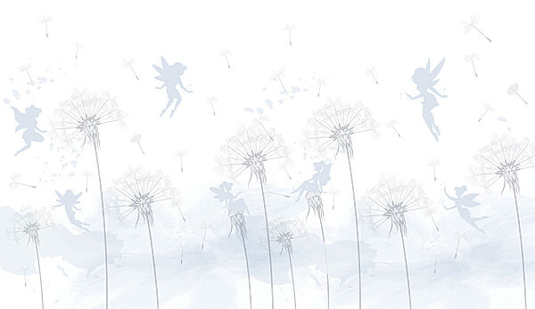 A dandelion with fairies flying in the air