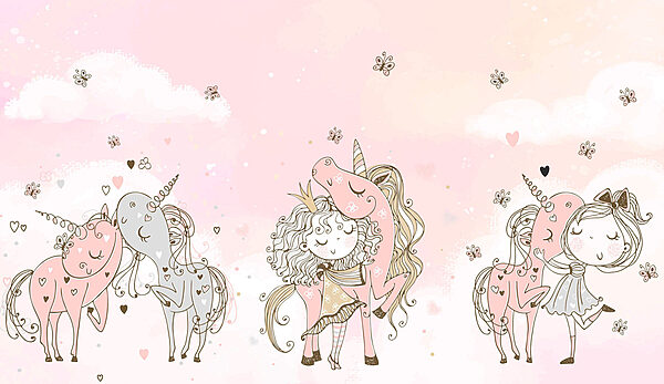 Un grupo de unicornios y una niña Un grupo de unicornios y una niña
